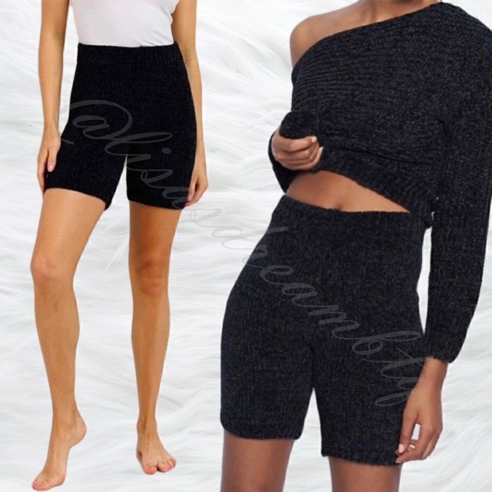 Black Fuzzy Sweater Knit Malibu Bike Shorts